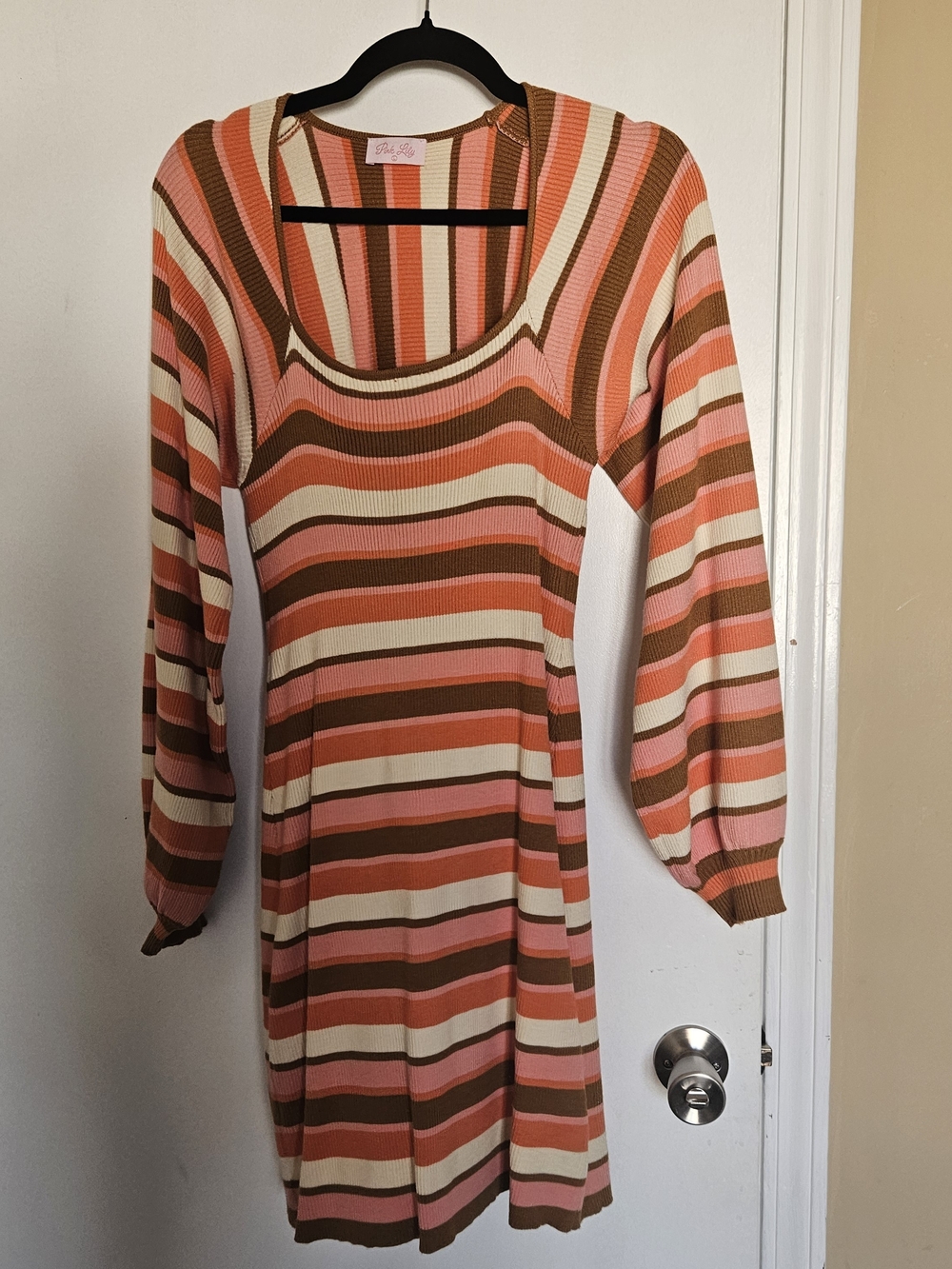 Pink Lily Striped Scoop Neck Mini Dress in Pink, Brown & Cream